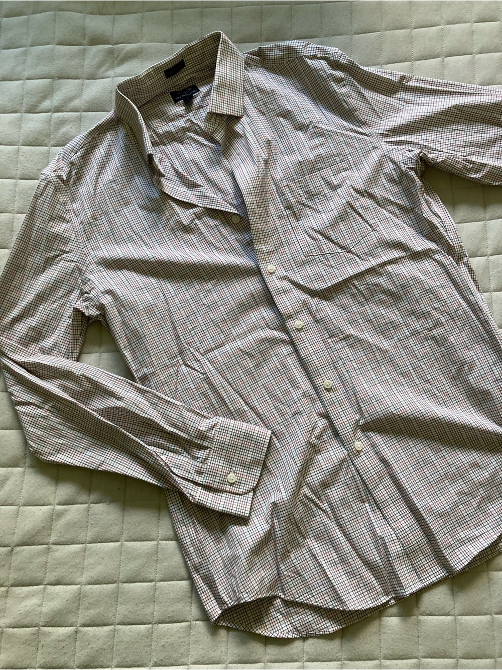 J. Crew Men's Small Check Button-Down Shirt - White with Red & Brown Checks